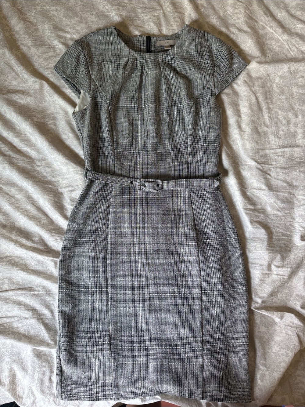 H&M Gray Plaid Midi Sheath Dress with Belt